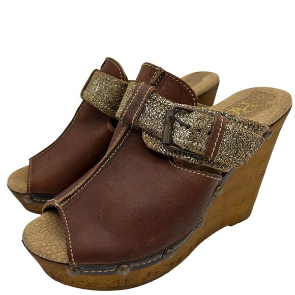 Reba Brown Leather & Gold Glitter Platform Wedge Sandals Size 40 - Picture 1 of 8